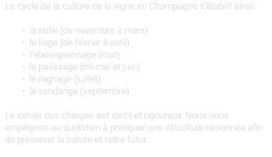 Le cycle de la culture de la vigne en Champagne s’établit ainsi: la taille (de novembre à mars) le liage (de février à avril) l’ébourgeonnage (mai) le palissage (mi-mai et juin) le rognage (juillet) la vendange (septembre) Le cahier des charges est strict et rigoureux. Nous nous employons au quotidien à pratiquer une viticulture raisonnée afin de préserver la nature et notre futur. 